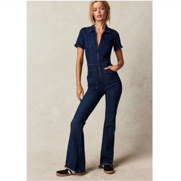 Free People Pants - Free People Jayde Denim Flared Jumpsuit- Night Sky Dark Wash, SMALL